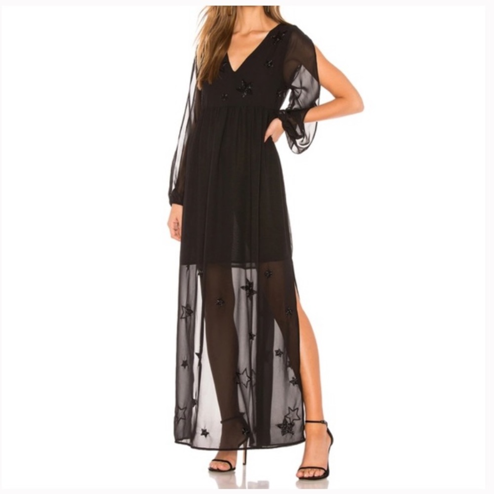 Chaser Revolve Black Beaded Star Chiffon Maxi Dress With Arm Slits NWT Size L
